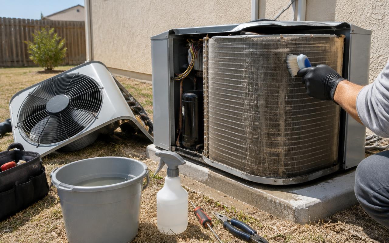Technician cleaning an outdoor AC condenser coil