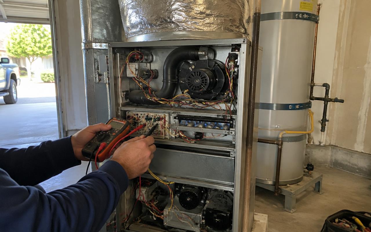 Technician testing a furnace control board with a multimeter