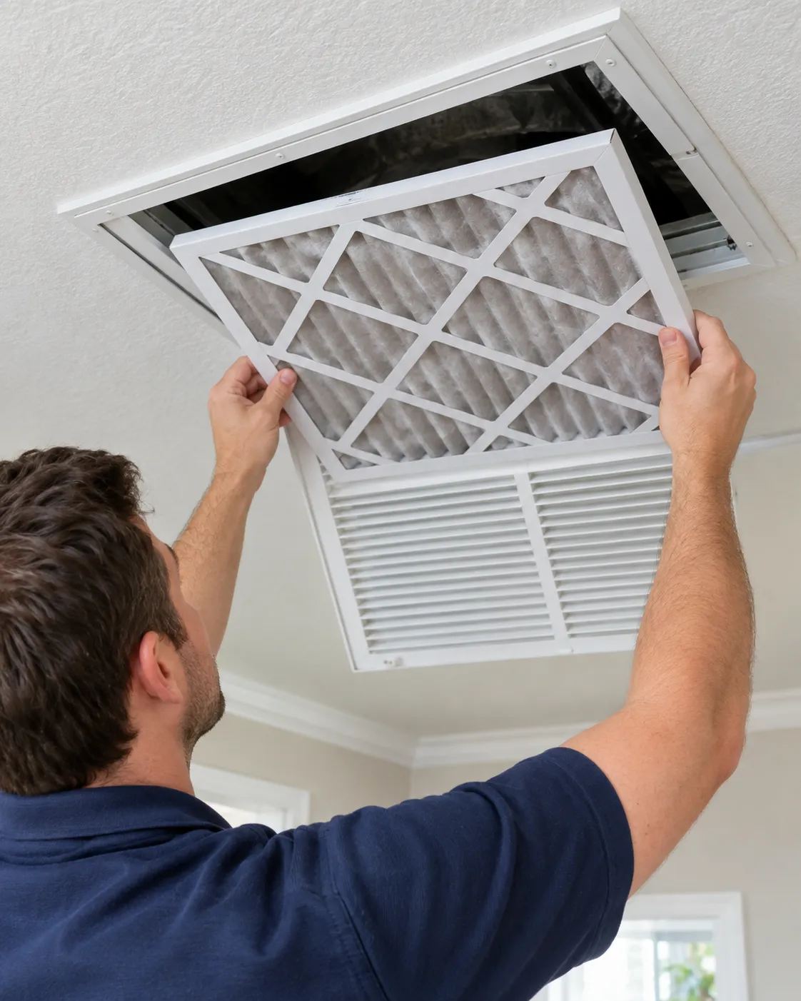 Technician changing a ceiling air filter