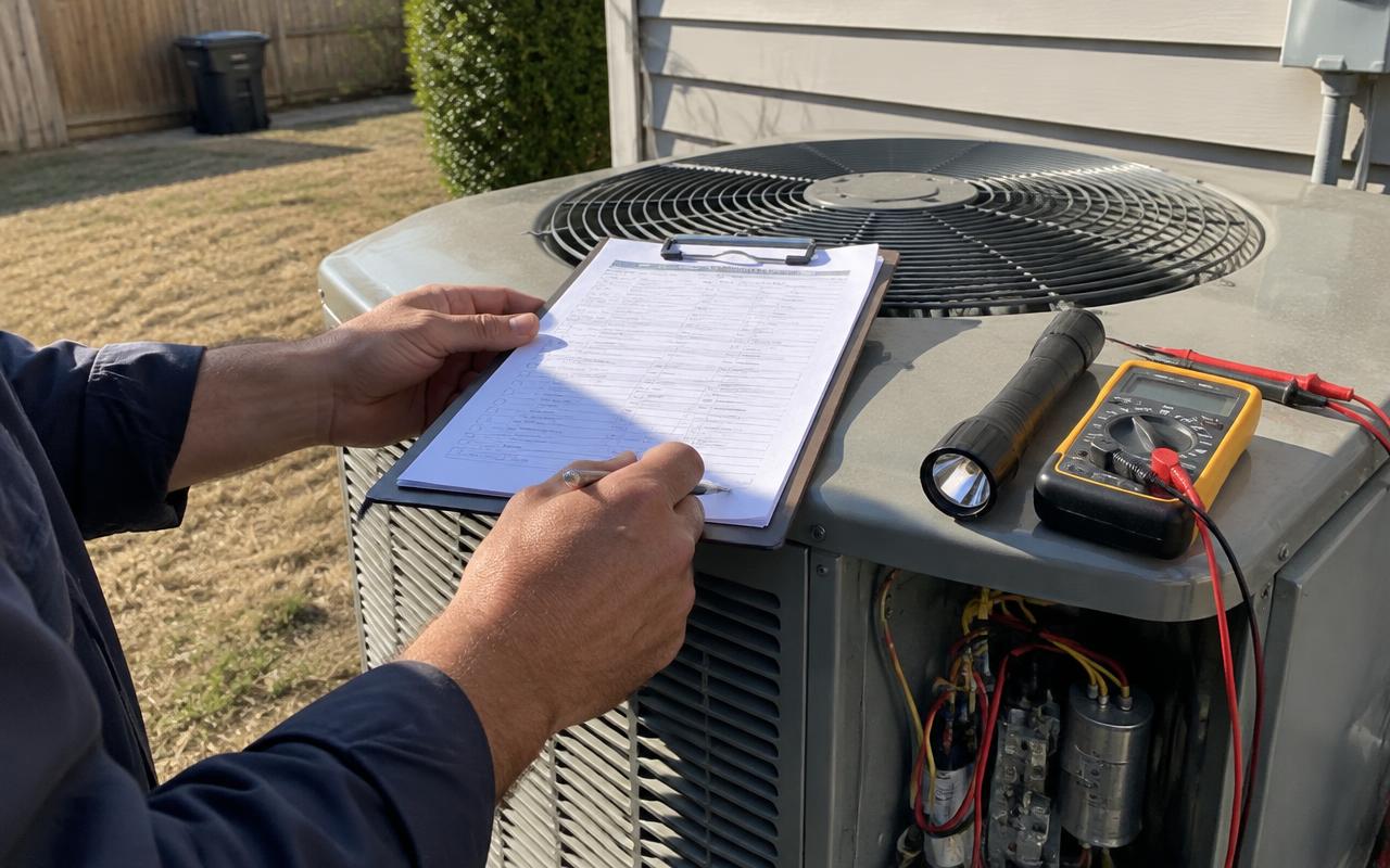 Inspection checklist on top of an outdoor AC unit